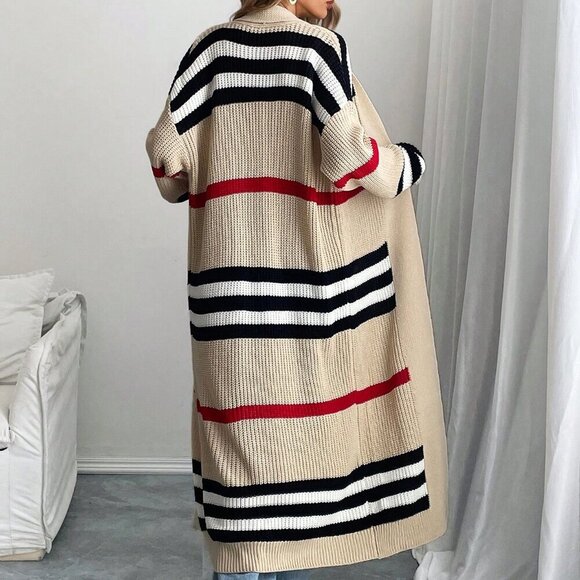 Multicolor Casual Women's Classic Striped open front sweater Cardigan - Picture 2 of 6